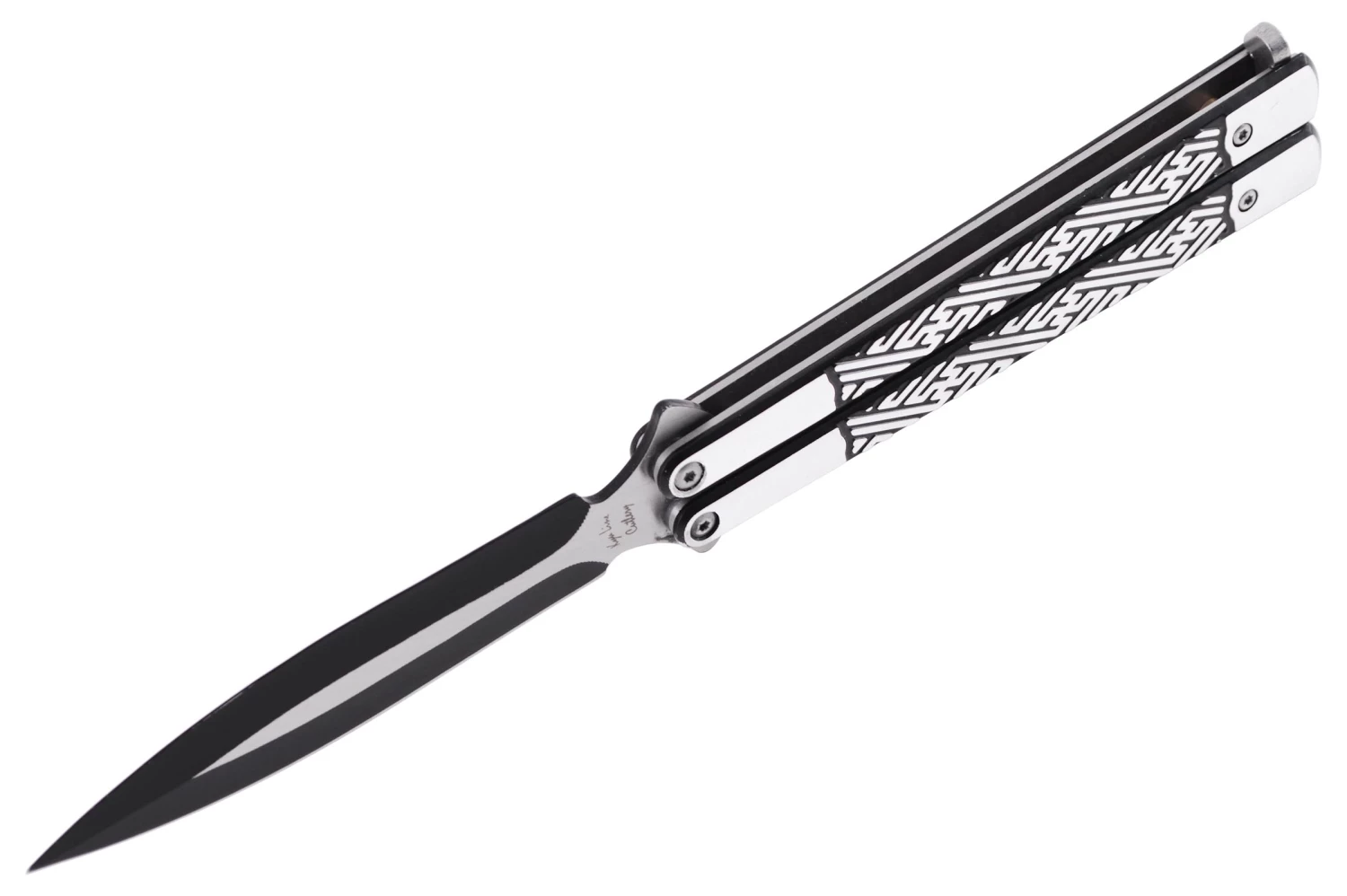 Couteau Papillon, Labyrinthe - Acier inoxydable (23 cm) Couteau Papillon, Labyrinthe - Acier Inoxydable (23 Cm) -Boutique Kali Escrima couteau papillon motifs noir et argente 23 cm 1