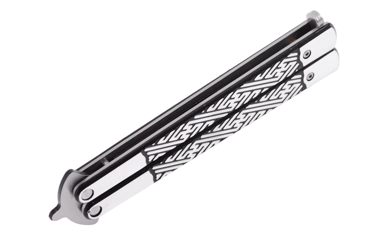 Couteau Papillon, Labyrinthe - Acier inoxydable (23 cm) Couteau Papillon, Labyrinthe - Acier Inoxydable (23 Cm) -Boutique Kali Escrima couteau papillon motifs noir et argente 23 cm 3