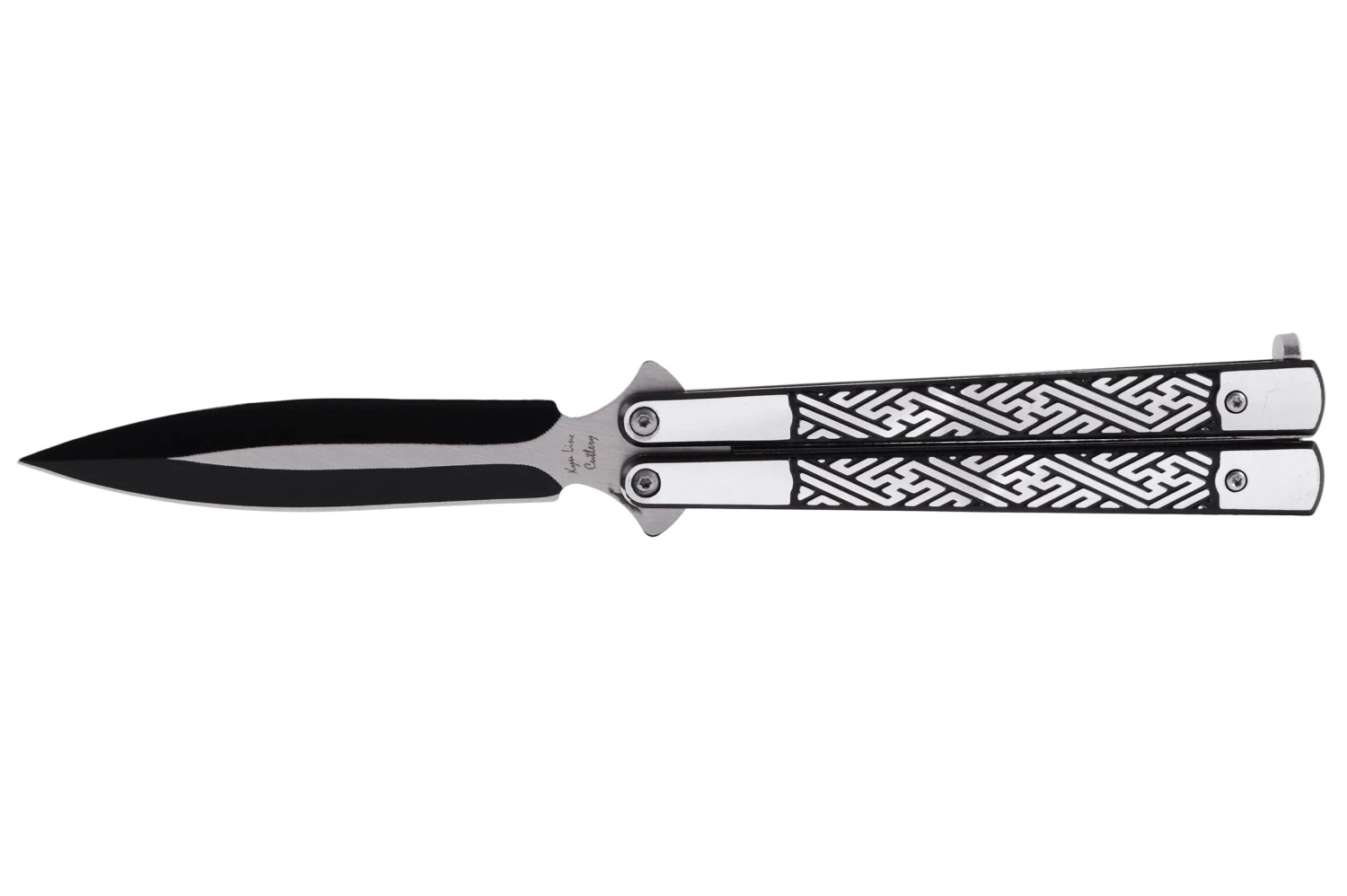 Couteau Papillon, Labyrinthe - Acier inoxydable (23 cm) Couteau Papillon, Labyrinthe - Acier Inoxydable (23 Cm) -Boutique Kali Escrima couteau papillon motifs noir et argente 23 cm
